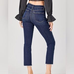 Risen High Rise Crop Straight Jeans Dark Wash Raw Hem Stretch Denim NWT